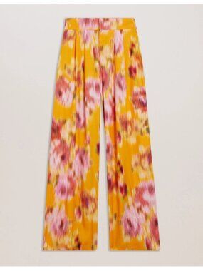 Ted Baker Womens Sz M Floral Wide-Leg Pants Hitaku Abstract Print Yellow Pink